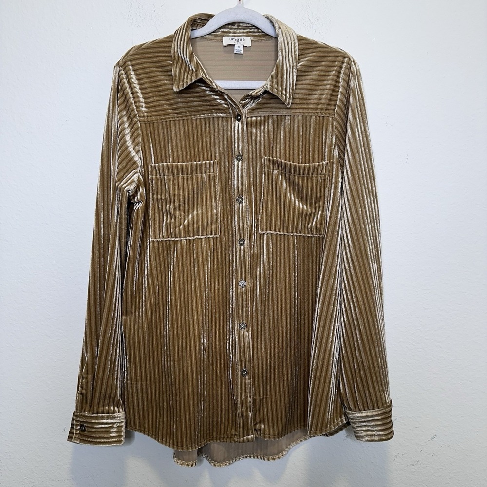 Umgee‎ Shirt Women's Size Small Gold Velvet Button Down Ribbed Long Sleeve